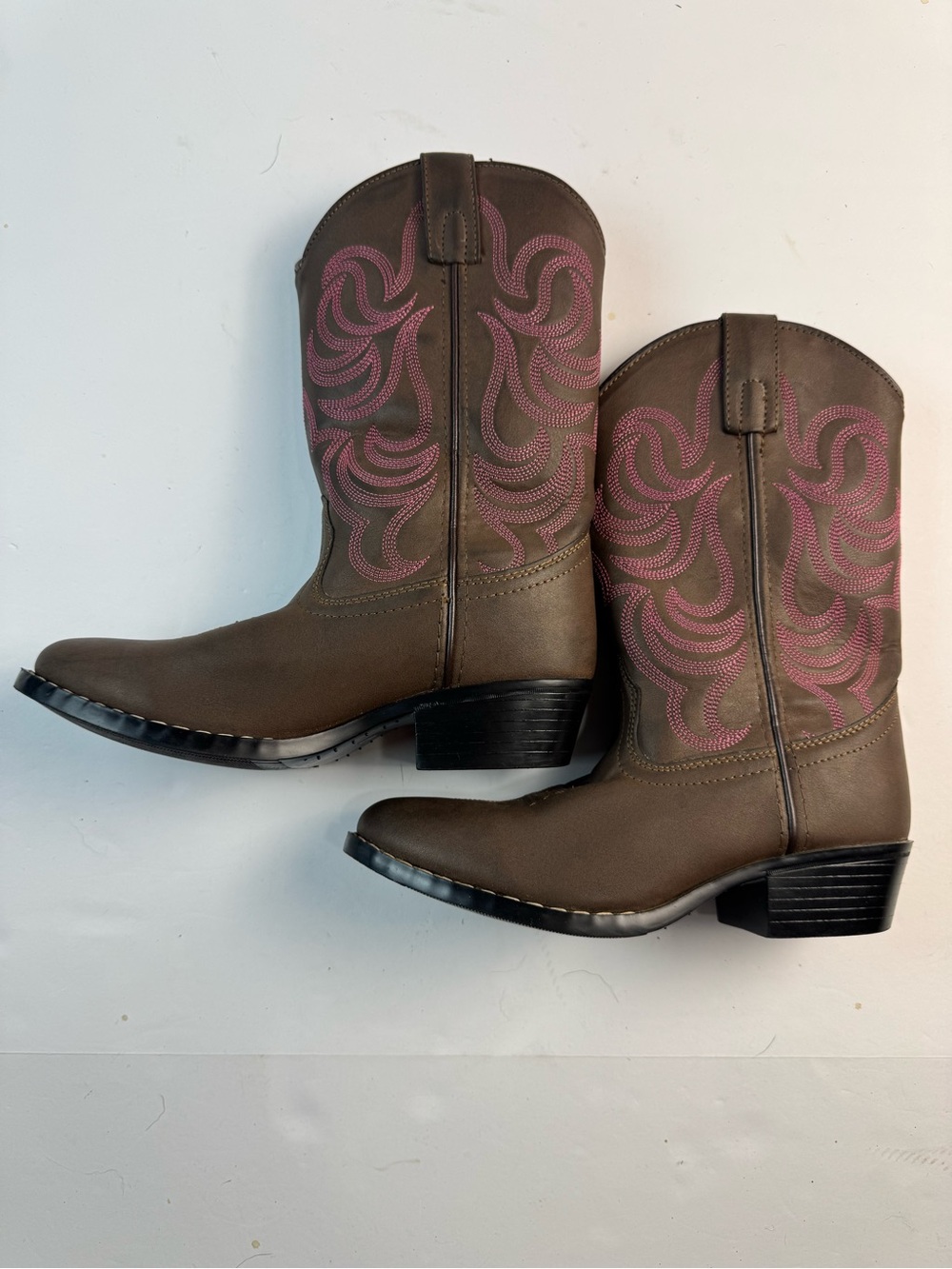 Girls Brown Western Heeled Boots with Pink Stitching